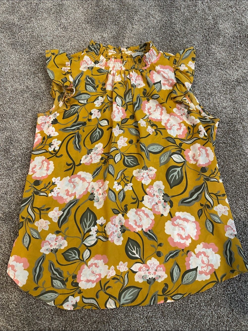 LOFT Beautiful Floral Sleeveless Top with Ruffle Cap Sleeve- Mustard & Pink